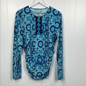 AmberNoonII Womens Swim Top M Turquoise Navy 1/2 Zip Front Thumb Hole Outdoors